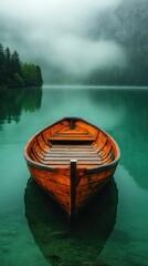 Obraz premium Calm wooden boat on a misty lake
