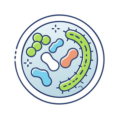 Colorful illustration of a petri dish with various bacteria colonies inside