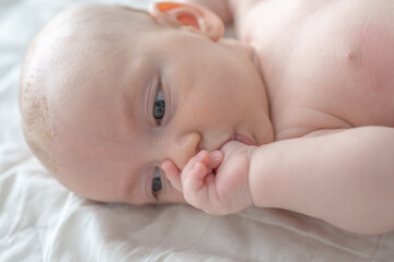 Baby's First Discovery: A newborn thump sucking baby lies on its back, sucking its thumb, eyes wide...