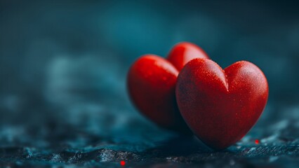 Two red hearts on moody blue textured background. Romantic Valentine love symbol.  
