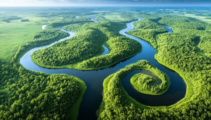 Serpentine River Weaving Through Lush Green Forest, Aerial Perspective of Nature s Beauty