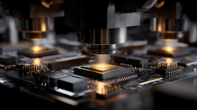 Close up of a Microchip Under Inspection with a Microscope Highlighting the Intricate Details and Advanced Technology in Electronics Manufacturing and Quality Control Processes