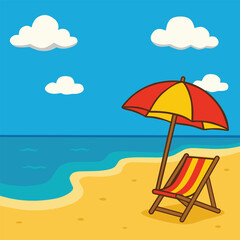 vector illustration of a summer beach scene with an umbrella and lounge chair