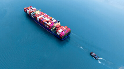 Aerial view container cargo ship freight shipping international, Global business freight shipping import export logistic transportation container cargo ship, Container cargo ship sea freight.