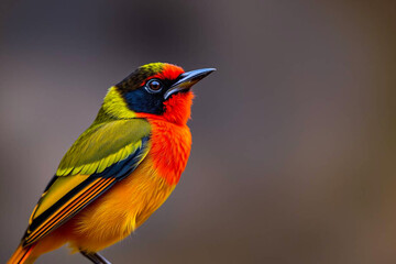 Obraz premium Striking Crimson-Collared Tanager Perched on a Tree Branch, Displaying Its Vivid Red and Black Plumage in a Lush Natural Setting, Vibrant Wallpaper