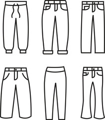 Pant icons set in trendy black outline designs. Jogger trouser symbols simple silhouette vectors isolated on transparent background. Jeans clothing signs and logos illustration collection.