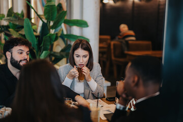Four friends gather in a trendy cafe setting, sipping drinks and engaging in lively discussion surrounded by greenery and a warm ambiance.