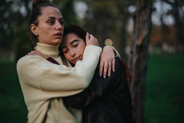 Fototapeta premium A heartfelt moment of two individuals embracing in a natural park environment, expressing deep connection and support.