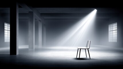 Lonely Chair Illuminated by Soft Light in an Empty Abandoned Space with Shadowy Atmosphere