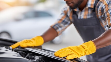 Man Wearing Yellow Gloves Inspecting Engine of Car in Automobile Workshop with Focused Attention and Care