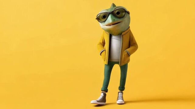 Camaleon in clothes standing on yellow background with attitude pose