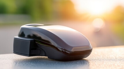 Sleek Black Device on Outdoor Surface With Warm Sunlight in Background Creating a Modern Tech Atmosphere