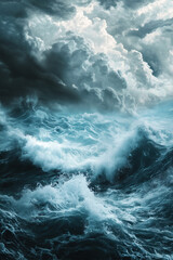 Obraz premium waves of H2O in dramatic ocean scene with stormy clouds and turbulent crashing waves in dark blue tones, towering waves symolizing force of nature, photorealistic