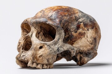 Fototapeta premium Ancient hominid skull on white background.