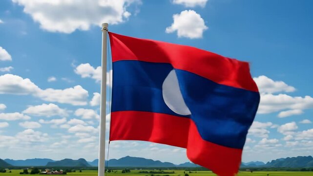 Flag of Laos waving on a pole against a bright blue sky adorned with fluffy clouds, above lush green hills and fields amidst a breathtaking landscape. Laotian flag - the national symbol of Laos