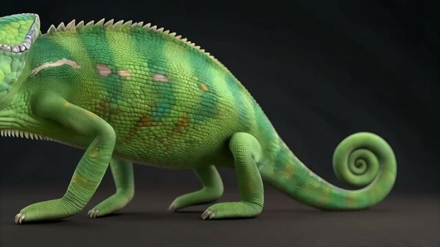 Green camaleon standing on dark rock showing scale and body shape
