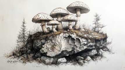 Mushrooms cluster atop rocky outcrop, boreal forest background, nature illustration
