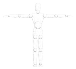 A white drawing of a man with his arms outstretched. The drawing is of a man with a skeleton body and is in black and white