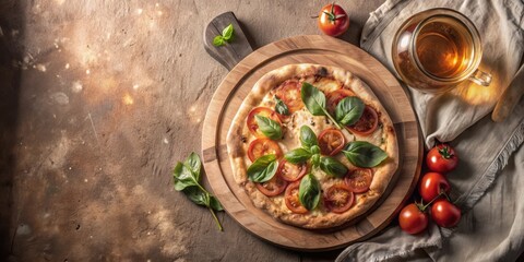 A rustic wooden board holds a freshly baked pizza topped with fresh mozzarella and tomato slices, garnished with basil leaves, with a glass of beverage and fresh tomatoes on a linen cloth nearby.