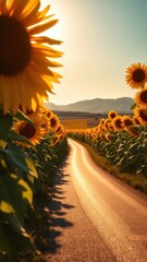 Sunflower lined road leading to distant mountains under a warm, hazy sky.