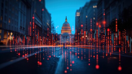 Cityscape at night, Capitol Building, data streams, motion blur, digital overlay