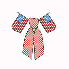 Hand drawn buffalo plaid  pattern and american flags vector. Red, white and blue bow