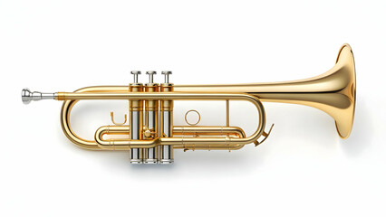 Obraz premium A gleaming gold trumpet, captured from an overhead perspective against a stark white backdrop. Its valves and intricate details are clearly visible, showcasing the instrument's elegant design.