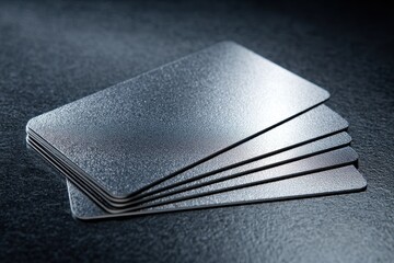 Stack of metallic rectangular cards on dark surface.