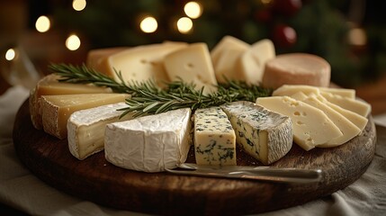 Assorted cheeses on a wooden board, festive lighting