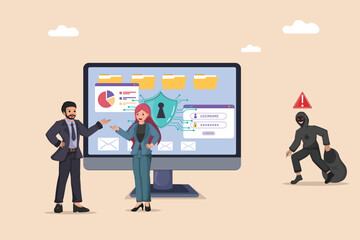 Combating Cyber Threats: A Team Examining Data Security Measures While a Criminal Attempts Access.