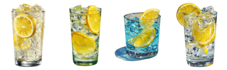 Refreshing Drinks with Lemon Slices and Ice Cubes in Clear Glasses