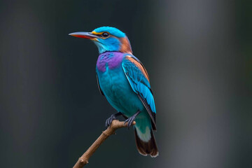 Obraz premium Stunning European Roller Perched on a Tree Branch, Showcasing Its Vivid Blue and Brown Plumage in a Serene Natural Setting, Vibrant Wallpaper