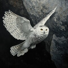 Majestic Snowy Owl in Mid-Flight with Detailed Feathers and Eyes