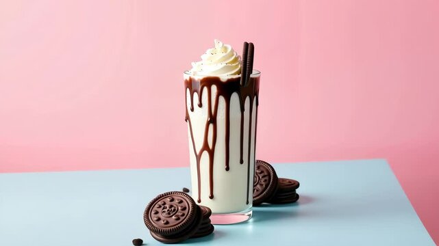 Milkshake topped with whipped cream and chocolate sauce on table  