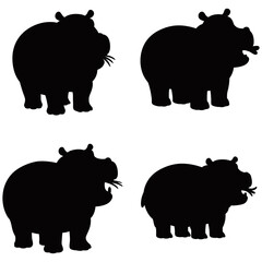 Silhouette vector set of four hippos in different poses, including grazing and roaring, emphasizing the massive body and iconic shape of this wild African animal.