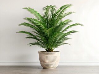 Fototapeta premium Large indoor potted palm plant with lush green fronds, tropical foliage suited for home decor, office space, and indoor gardening environments