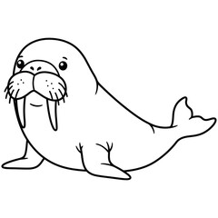 Detailed black and white line drawing of a walrus in a relaxed sitting pose, featuring prominent tusks, whiskers, and flippers, ideal for wildlife education or marine-themed designs.