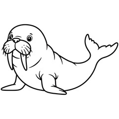 Detailed black and white line drawing of a walrus in a relaxed sitting pose, featuring prominent tusks, whiskers, and flippers, ideal for wildlife education or marine-themed designs.
