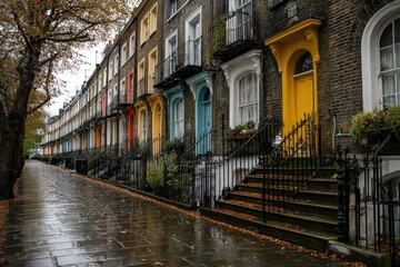 Fototapeta premium Colorful row of houses with vibrant doors on a rainy day.