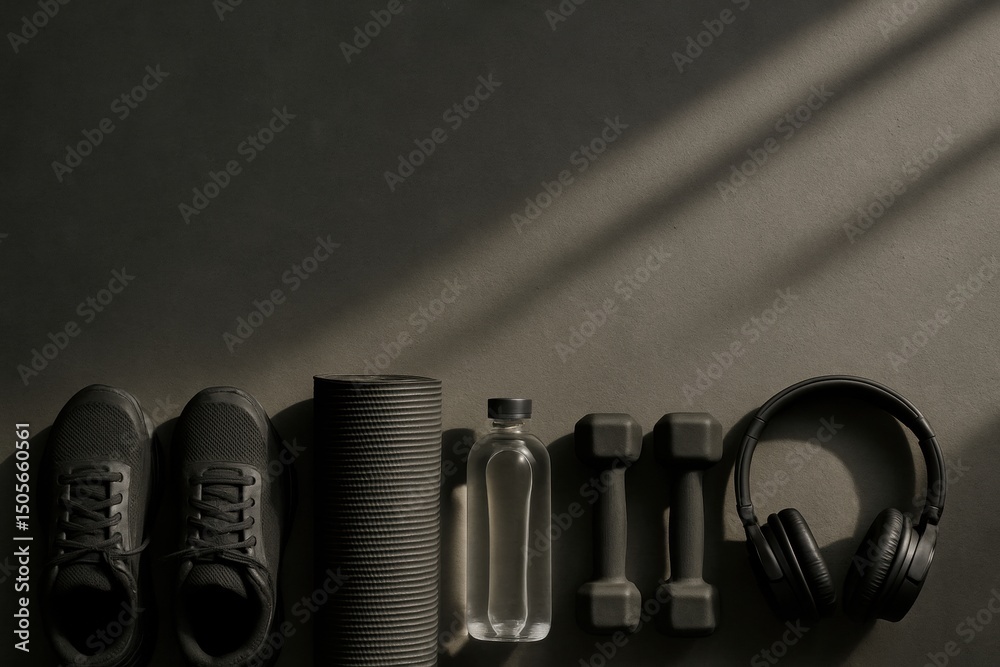 Poster Exercise Equipment Arranged Neatly on a Dark Surface With Light Casting Shadows in a Gym Setting During Morning Hours