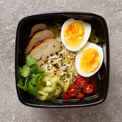 Japanese ramen soup with noodles, chicken and egg. traditional recipe.