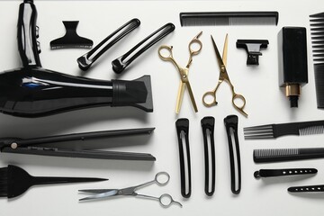 Different hairstyling tools on white background, flat lay