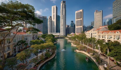 Fototapeta premium Skyscrapers line the vibrant river in a modern cityscape.
