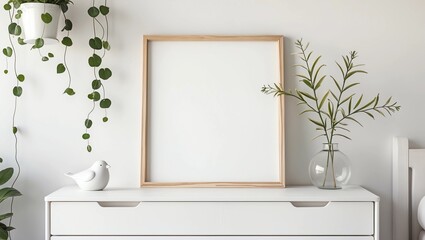 Interior poster mock up with horizontal metal frame and plants in vase on white wall background. 3D rendering