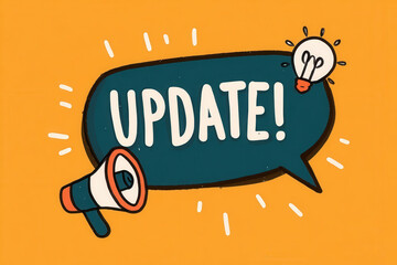 A colorful design showcases a large speech bubble with the word 'UPDATE!' prominently featured alongside a megaphone and a light bulb, suggesting communication and new information