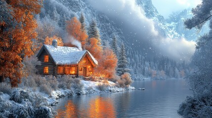 Cozy log cabin in serene winter landscape with snow and mountains