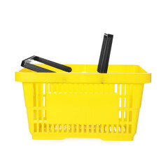 One yellow shopping basket isolated on white