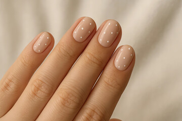 Woman's hand with elegantly manicured nails featuring polka dots  