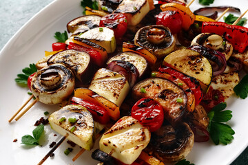 juicy vegetarian barbecue kebabs made from delicious fresh vegetables. vegan grill party