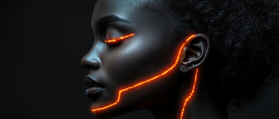 Close-up profile of a dark-skinned woman with glowing orange lines on her face and neck